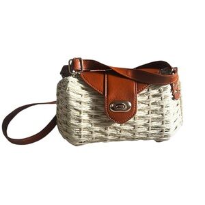 Brand New Cream Basket Bag, Faux Brown Leather & Gold Details & Flower Interior